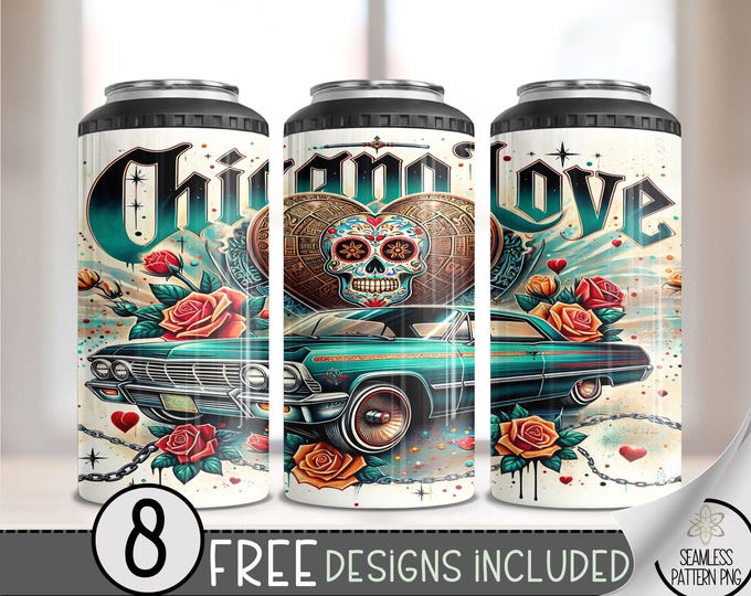 LA Lowrider Chicano Cholo 4in1 Can Cooler Wrap, Floral 4 in 1 Tumbler PNG, LA Sugar Skull 16 Oz Can Cooler Sublimation Design, Skeleton, A11