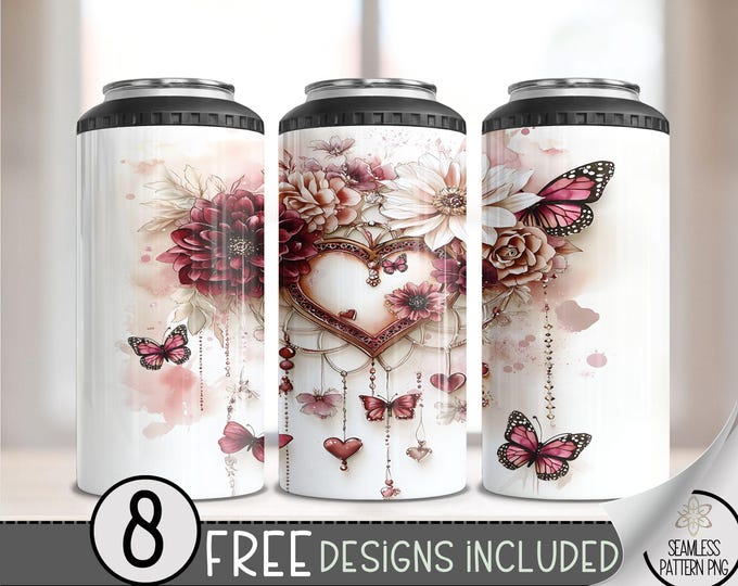 Boho Butterfly 4 in 1 Can Cooler Wrap, Floral Dreamcatcher 4in1 Tumbler PNG, Sweet Valentine 16 Oz Can Cooler Sublimation Design, Heart PNG