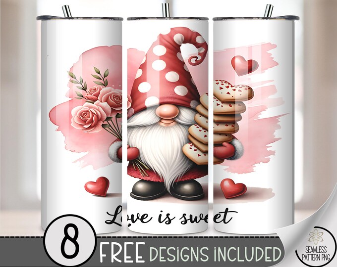 Gnome Hearts 20 oz Tumbler Wrap PNG, Valentine Design, Lovely Sublimation, Digital Download, A694