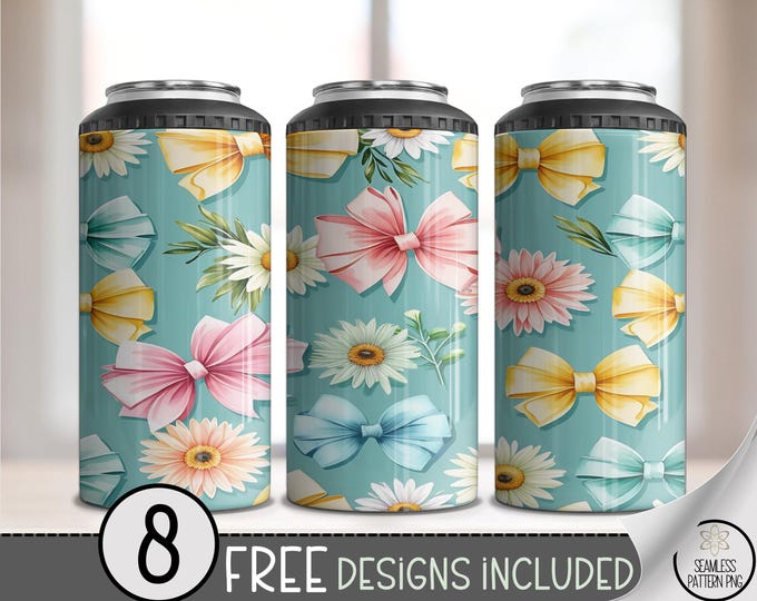 Flowers And Ribbons PNG, Floral Sublimation Design, Seamless 4-in-1 Can Cooler Wrap, Digital Download, B925