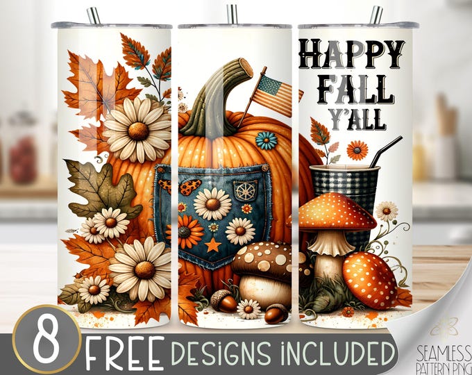 Fall Tumbler Wrap, Happy Fall Yall Sublimation Design Tumbler, Autumn Tumbler Fall 20Oz Skinny Tumbler, Pumpkin Tumbler Png Sublimation