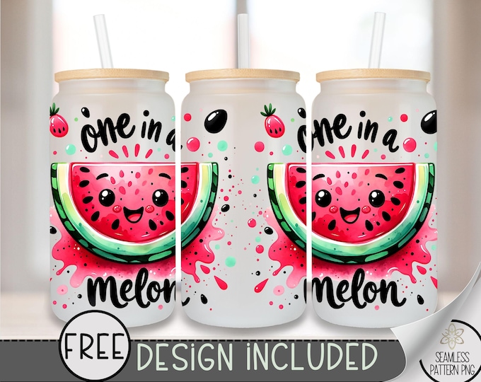 One in a Melon Glass Can Wrap PNG, Cute Kawaii Watermelon Sublimation Design, Summer Fruit Drink Holder, A371