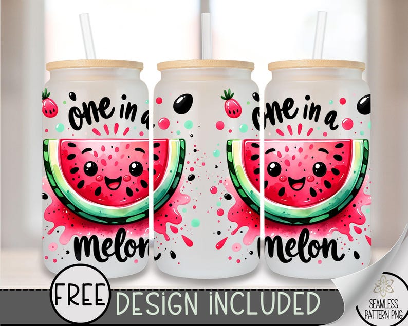 One in a Melon Glass Can Wrap PNG, Cute Kawaii Watermelon Sublimation ...