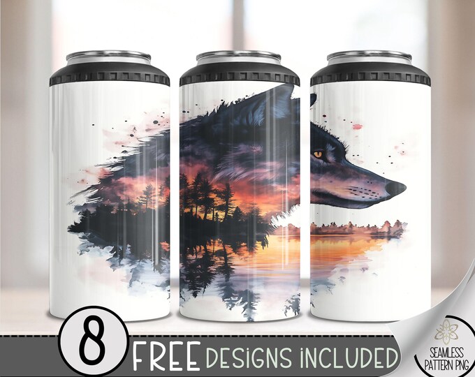 Boho Wolf Floral 4in1 Can Cooler Wrap, Watercolor Sunset Lake 4 in 1 Tumbler PNG, Seamless Ethereal 16 Oz Can Cooler Sublimation Design
