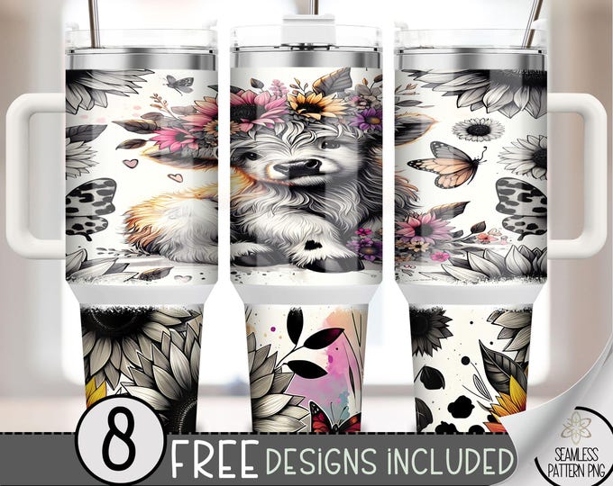 Black and White Highland Cow Flower 40 oz Sublimation Design,Baby Highland Cow Sunflowers 40oz Quencher Tumbler PNG,Spring Highland Cow A211