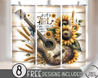 Just A Girl Who Loves Country Music Tumbler Wrap,Cowgirl Skinny Tumbler Sublimation Design, Western Tumbler PNG Digital File,Guitar 20oz PNG
