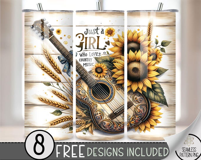 Just A Girl Who Loves Country Music Tumbler Wrap,Cowgirl Skinny Tumbler Sublimation Design, Western Tumbler PNG Digital File,Guitar 20oz PNG