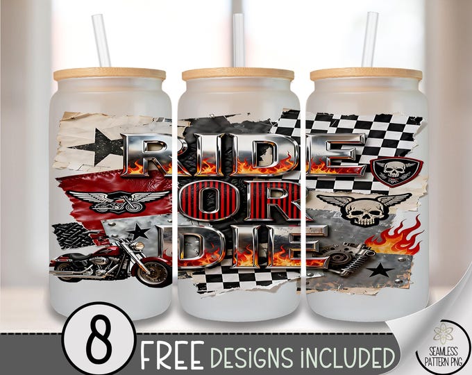 Ride Or Die Skull PNG, Edgy Motorcycle 16Oz Glass Can Wrap, Biker Grunge Design, Digital Download, Sublimation File, B835