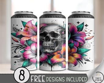 Skull Floral Tumbler Wrap 4-in-1, Neon Tropical Flowers Sublimation PNG, Gothic Summer Design, Edgy Dark Floral Can Cooler Wrap, A361
