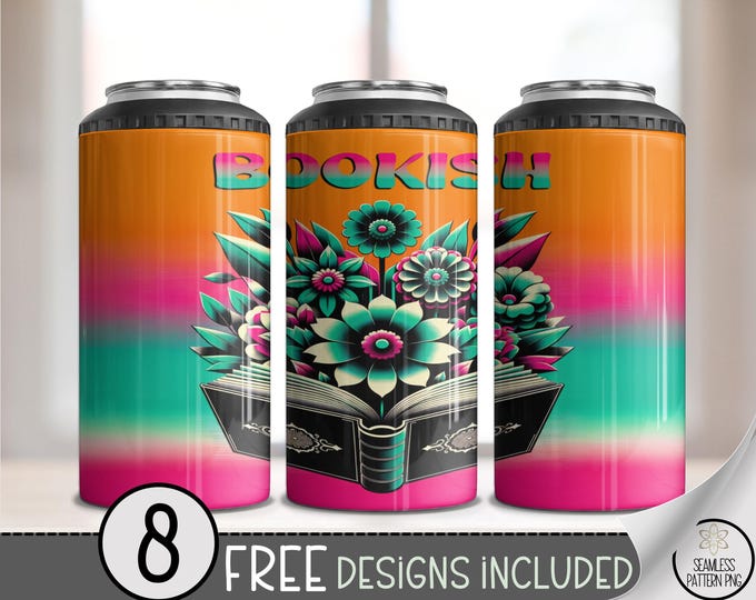 4-in-1 Can Cooler Wrap PNG, Bookish Sublimation Floral Design, Bright Book Wrap for Readers & Literature Lovers, Librarian Tumbler PNG, A291