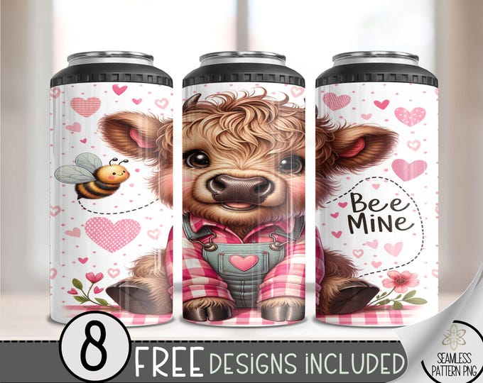 Highland Cow Valentine 4in1 Can Cooler Wrap, Winter Sublimation Design, Vday 16 Oz Slim, Cute 4 in 1 Tumbler PNG,Valentines 16 Oz Can Cooler