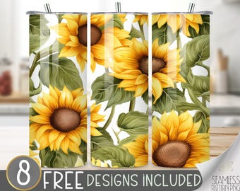 Watercolor Sunflower Tumbler Wrap, Autumn Floral Seamless Design, Flower Sublimation Tumbler Design Digital Download, Fall 20 OZ Skinny Wrap