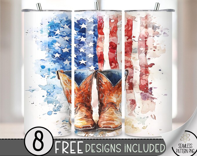 Patriotic Western Boots Tumbler Wrap, American Flag Skinny Tumbler Sublimation Design,Watercolor 20oz Tumbler Wrap,Country Girl Cowboy Boots
