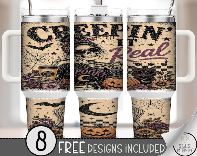 Halloween 40 oz Tumbler Wrap, Creepin' It Real Sublimation Design, Spooky Skeleton PNG, Digital Download, B10344