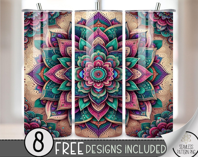 Seamless Mandala Tumbler Wrap, Boho 20oz Skinny Tumbler Sublimation Design, Floral Pattern Tumbler Wrap File PNG, Digital Download