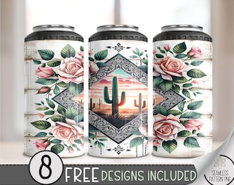 Country Western 4 in 1 Can Cooler Wrap, Western Rose 4in1 Tumbler PNG, Bandana 16 Oz Can Cooler Sublimation Design, Seamless Country Design