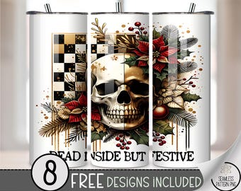 Dead Inside But Festive 20 oz tumbler wrap: Skull with Holiday Decorations Digital Download Sublimation Design for Skinny Tumblers, A477