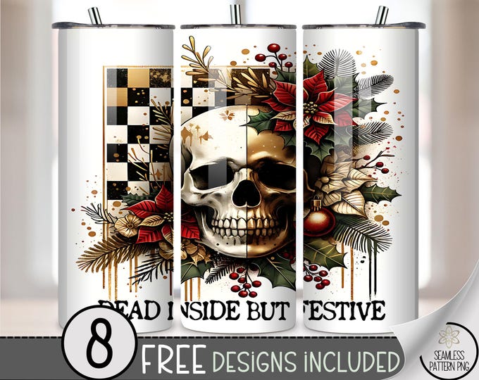 Dead Inside But Festive 20 oz tumbler wrap: Skull with Holiday Decorations Digital Download Sublimation Design for Skinny Tumblers, A477