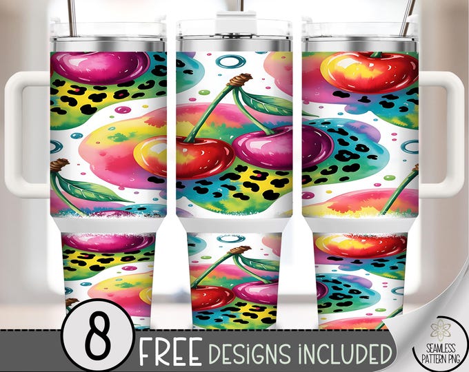 Cherries PNG, Pop-Art Cherries Sublimation Design, Retro Neon 40Oz Tumbler Wrap, B939