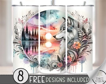 Boho Wolf Floral Tumbler Wrap, Floral Watercolor Sunset Lake Sublimation Design PNG, Ethereal 20Oz Skinny Tumbler File, Lake Tumbler PNG