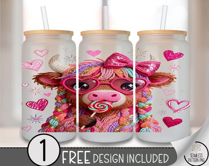 Cute Highland Cow Glass Can Wrap, Kawaii 16oz Glass Tumbler Sublimation Design, PNG File B10246
