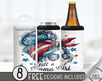 Trump Girl Can Cooler Wrap, Election 16 oz 4-in-1 Cooler Sublimation, American Design File, Seamless Can Cooler PNG Wrap, Messy Bun Hard Can
