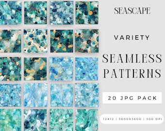 Digital Watercolor Seascape Seamless Pattern JPG Bundle, Summer Beach Coast Craft Sublimation File, Sea glass Repeating Pack Commercial Use,