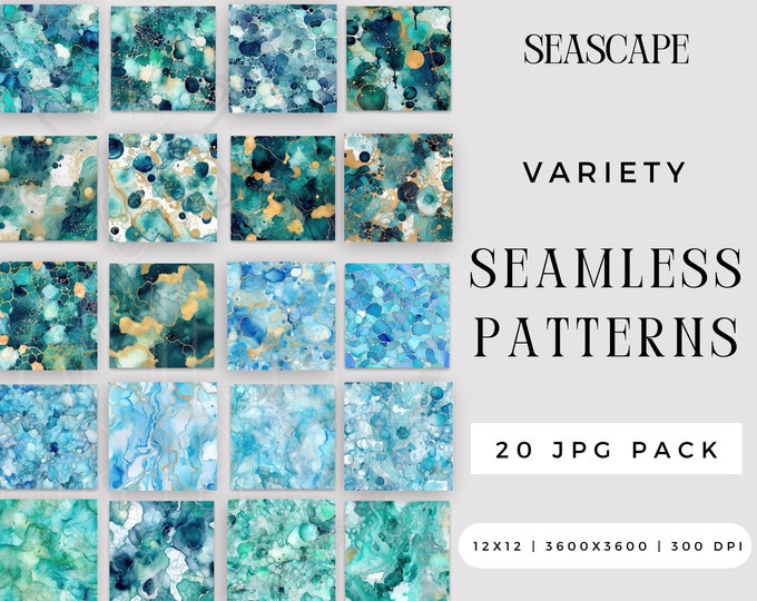 Digital Watercolor Seascape Seamless Pattern JPG Bundle, Summer Beach Coast Craft Sublimation File, Sea glass Repeating Pack Commercial Use,
