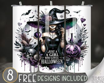 Just A Girl Who Loves Halloween Tumbler Wrap, Glam Skeleton Witch, Halloween 20 Oz Skinny Tumbler PNG, Pumpkin Sublimation Digital Download
