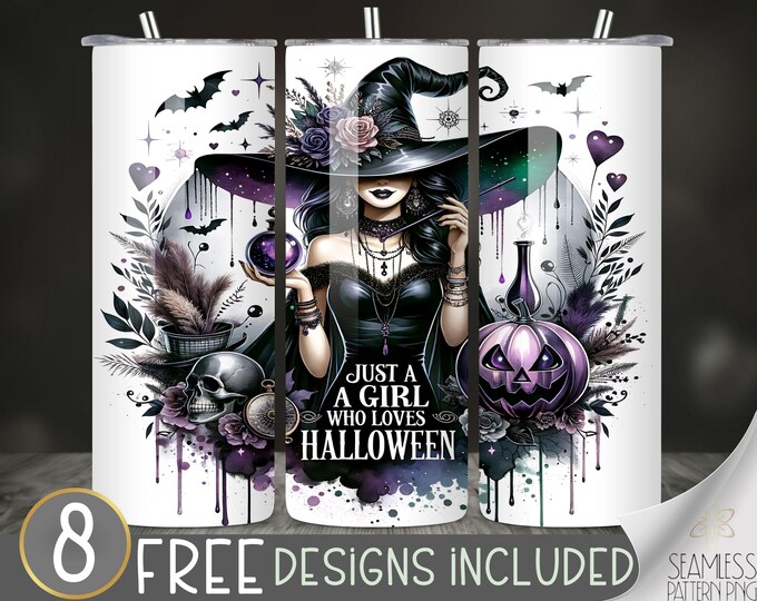 Just A Girl Who Loves Halloween Tumbler Wrap, Glam Skeleton Witch, Halloween 20 Oz Skinny Tumbler PNG, Pumpkin Sublimation Digital Download