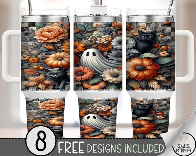 Fall Floral Ghost Cat 40 oz Tumbler Wrap PNG, Seamless Halloween Black Cat Sublimation Design, 40oz Autumn Pumpkin Wrap PNG, A393