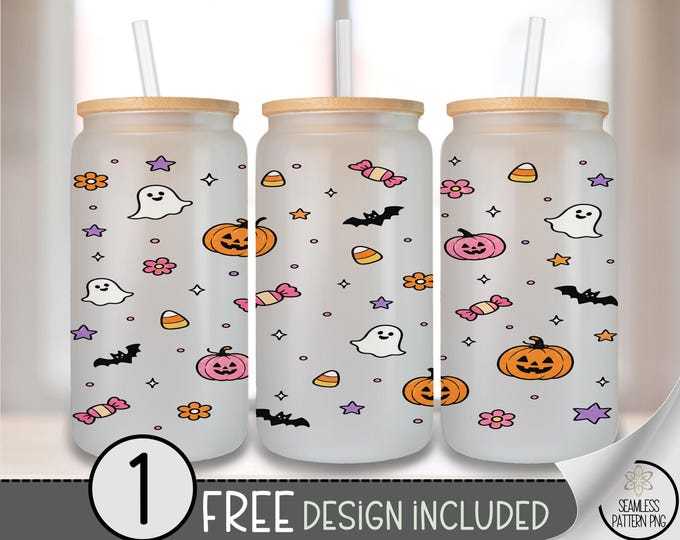 Halloween Glass Can Wrap, Cute Spooky 16oz Glass Tumbler Sublimation Design, Ghost PNG File, Digital Download, B10399
