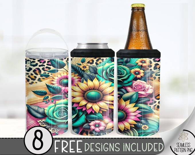 Vibrant Floral & Leopard 4in1 Can Cooler Wrap, Leopard Rose Floral 4 in 1 Tumbler PNG,Seamless Boho Chic 16 Oz Can Cooler Sublimation Design