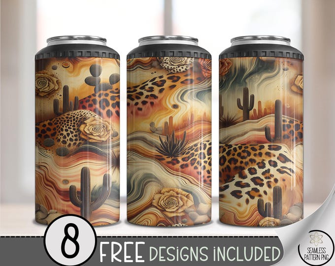 Rustic 4in1 Can Cooler Wrap, Vibrant Desert Sublimation Design, Bold Leopard Cacti Pattern Printable, Downloadable, A542