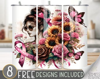Messy Bun Mom, Pink Awareness Breast Cancer Survivor Tumbler Wrap 20 oz Skinny Tumbler Sublimation Design Sunflower Instant Digital Download