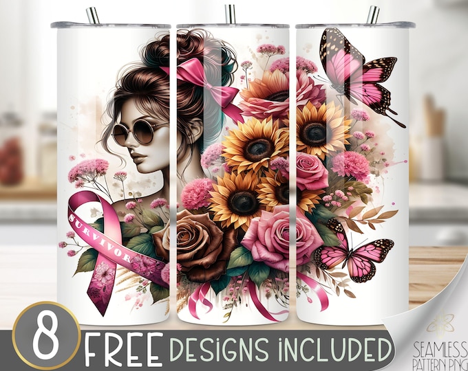 Messy Bun Mom, Pink Awareness Breast Cancer Survivor Tumbler Wrap 20 oz Skinny Tumbler Sublimation Design Sunflower Instant Digital Download