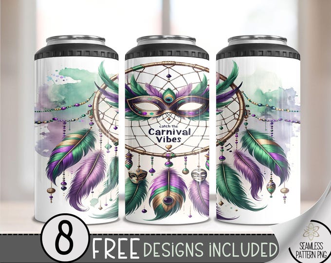 Mardi Gras 4 in 1 Can Cooler Wrap, Western Tumbler Wrap Fleur De Lis 4in1 Tumbler PNG, Colorful Mask 16 Oz Can Cooler Sublimation Design