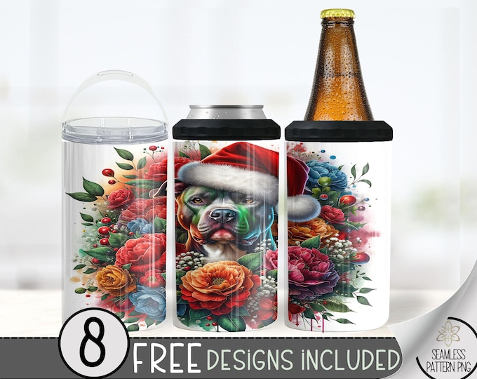 Christmas Pit 4in1 Can Cooler Design, Cute Pittbull Sublimation Design, Floral 4 In 1 Can Cooler, Pitt Bull 16 oz Can Holder Design Wrap