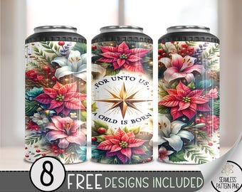 Religious 4 In 1 Can Cooler Tumbler Wrap, Xmas Sublimation Design, Christian Christmas 16 Oz Slim,Seamless Floral 16 Oz Can Cooler Wrap File