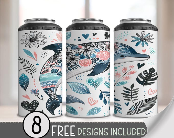 Dolphin 4 in 1 Can Cooler Wrap, Tropical 4in1 Tumbler PNG, Colorful Beach PNG 16oz Sublimation Design, Beach Summer Can Wrap, A202