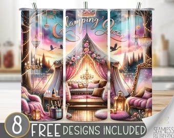 Glamping Queen Tumbler Wrap, Luxury Camping Design, Boho Tent Camping 20oz Sublimation PNG, Glittery Feminine Sublimation Tumbler, Glam Tent