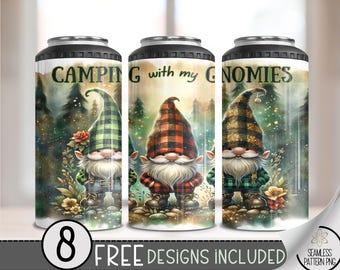 Camping With Gnomies 4 in 1 Can Cooler Wrap, Cute Gnome 4in1 Tumbler PNG, Lumberjack Plaid 16 Oz Can Cooler Sublimation Design, Plaid Gnomes