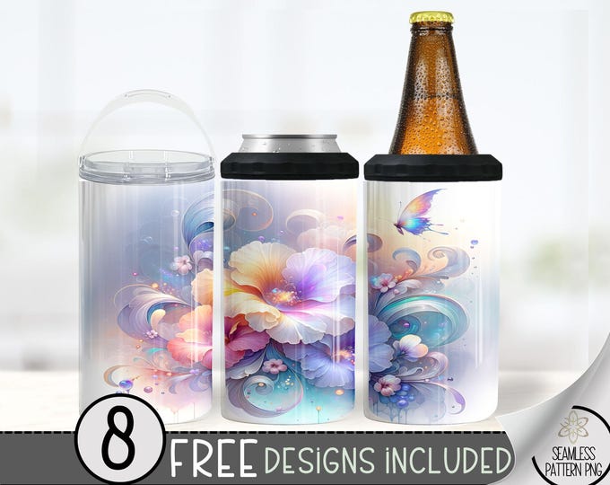 Floral 4 In 1 Can Cooler Tumbler Wrap, Flower Sublimation Design, Fantasy 16 Oz Slim, Ethereal 16 Oz Can Cooler Sublimation Design File