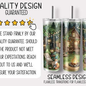 a set of three tumblers with a picture of a cabin in the woods