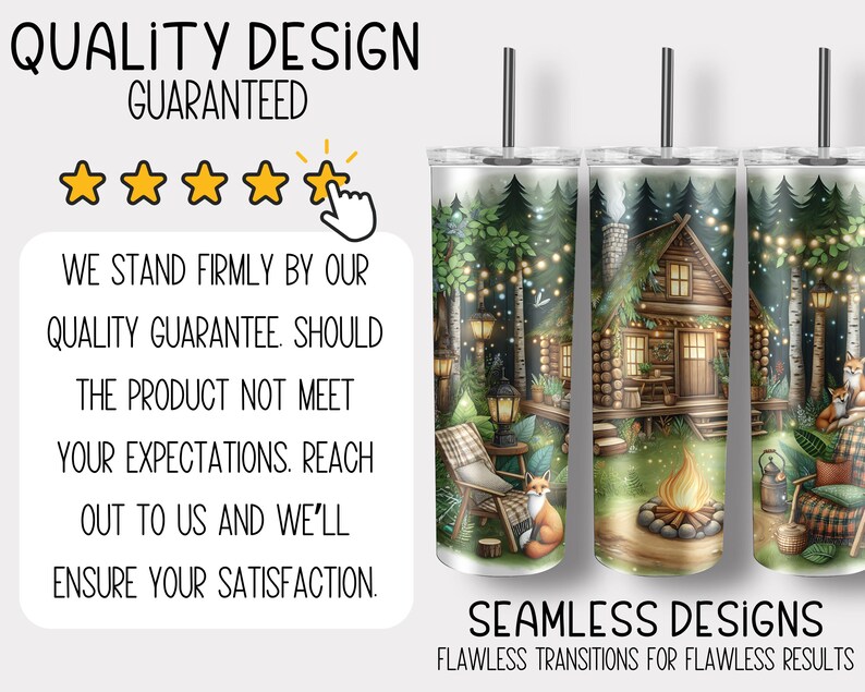 a set of three tumblers with a picture of a cabin in the woods