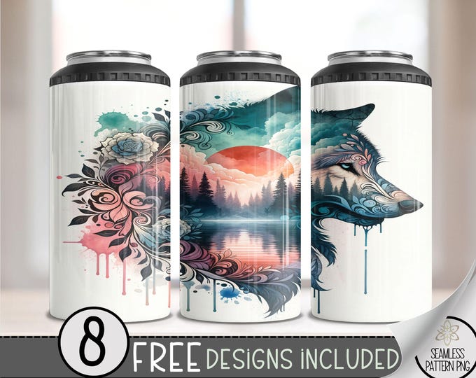 Boho Wolf Floral 4in1 Can Cooler Wrap, Watercolor Sunset Lake 4 in 1 Tumbler PNG, Seamless Ethereal 16 Oz Can Cooler Sublimation Design
