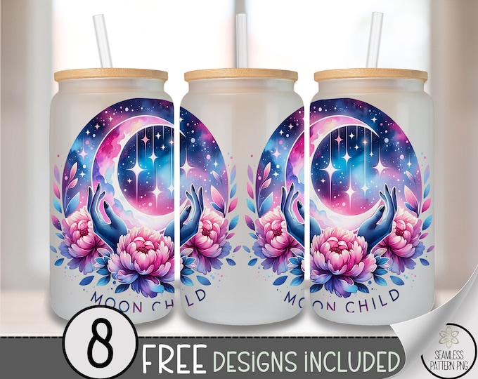 Moon Child 16 oz Glass Can Wrap PNG, Mystical Moon with Galaxy & Florals, Spiritual Sublimation Design for Drinkware, A397