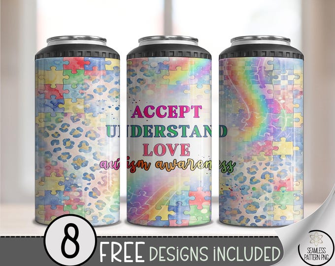 Autism Awareness 4in1 Can Cooler Wrap,  Autism Puzzle Pieces Sublimation Design, Pastel Leopard 16 oz 4-in-1 File, B10058