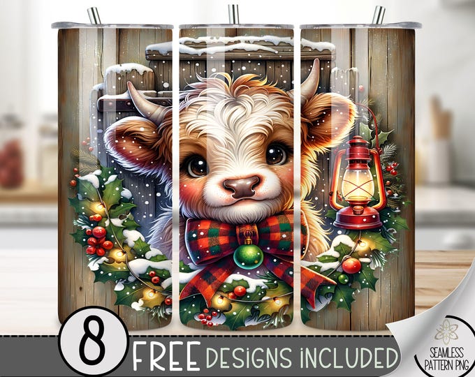 Christmas Tumbler Wrap, Highland Cow Christmas Tumbler Wrap PNG, Winter Sublimation Design, Xmas 20 Oz Skinny Christmas Sublimation Design