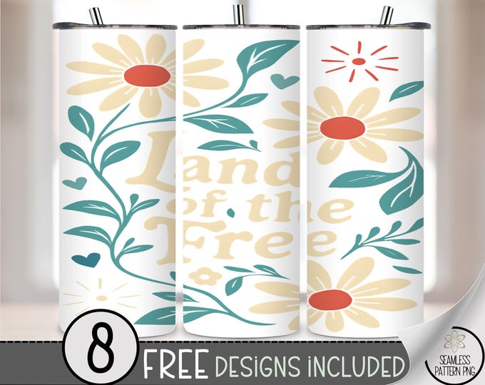Vintage Land of the Free Tumbler Wrap, Patriotic Floral 20oz Skinny Tumbler Design, Fourth of July Sublimation PNG File, Boho 4th PNG A255